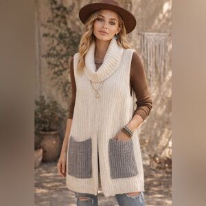 POL Cowl Neck Sweater Vest – Cream with Gray Pocket Detail Small